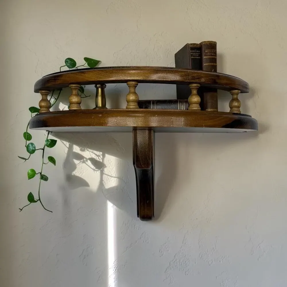 Vintage Mid-Century Wooden Demi-Lune Wall Shelf Spindle Gallery Rail